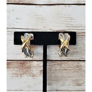 Vintage Clip On Earrings Unusual Gold Tone & Silver Tone Hoop with Kiss Design